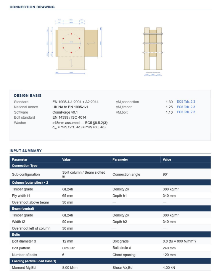 ConnForge glulam connection EC5 PDF calculation report suitable for building control submission