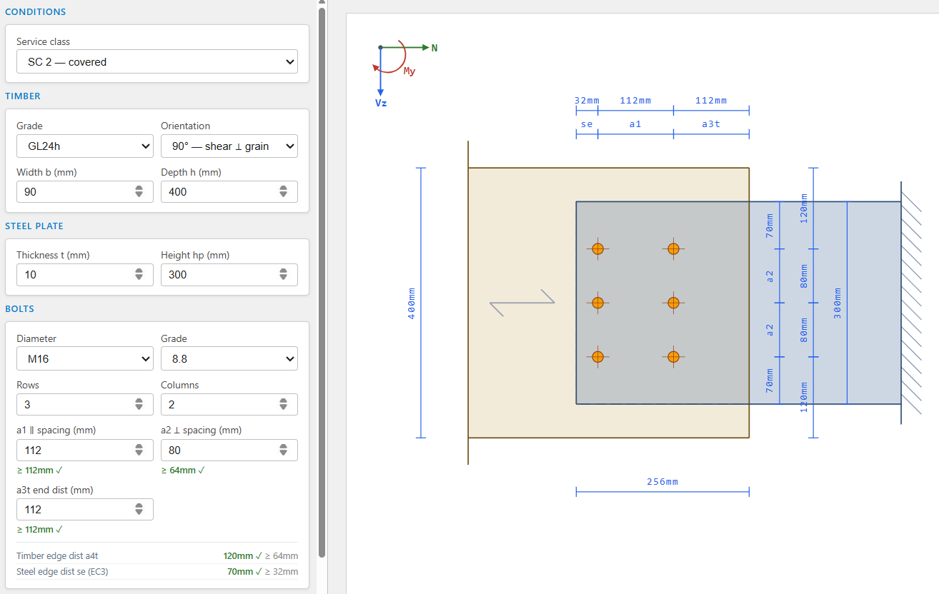 Glulam moment connection steel plate design — ConnForge EC5 software