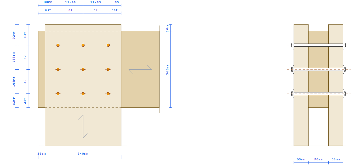 Glulam connection face view and cross-section drawing to EC5 — ConnForge