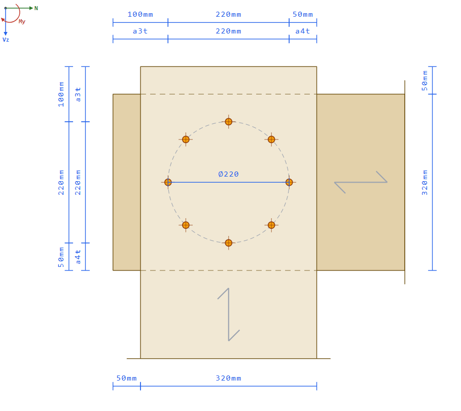 Glulam eaves moment connection — circular bolt pattern face view with dimensioned spacings to EC5